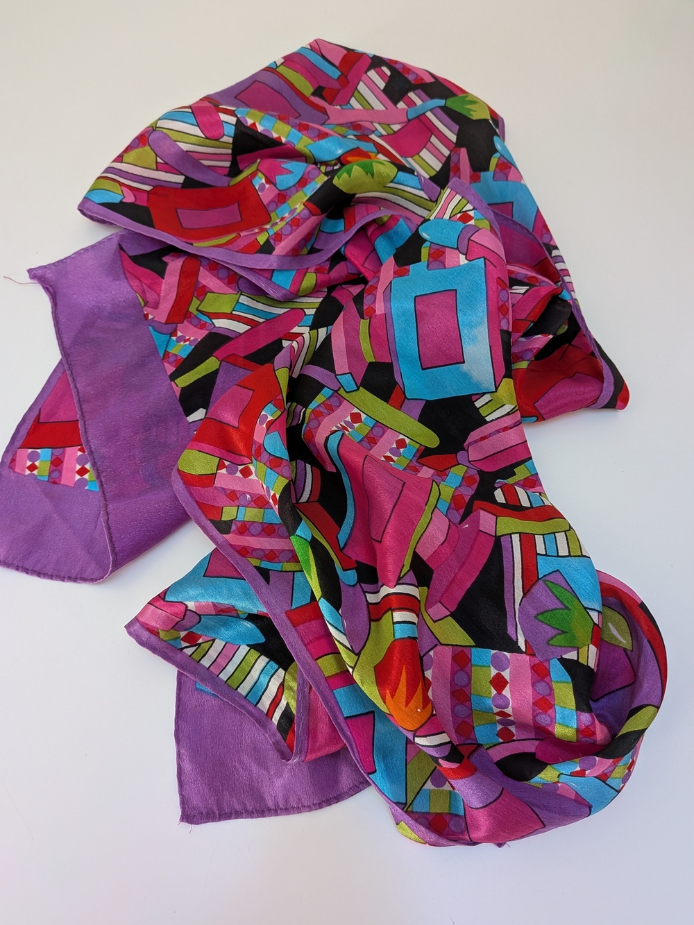Vibrant Geometric Purple Silk Scarf